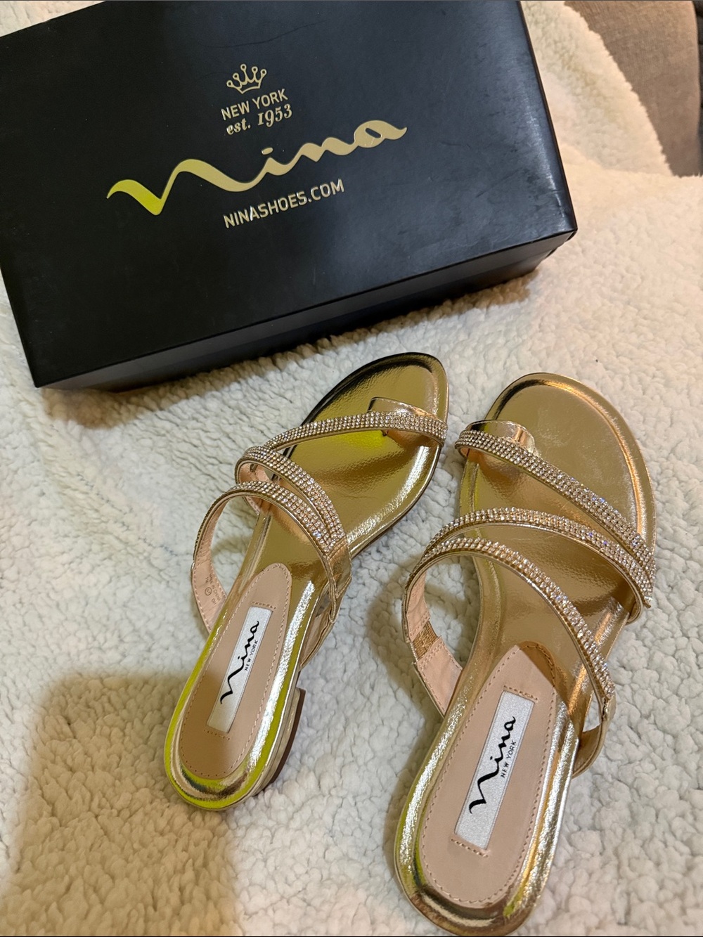 Nina Metallic Gold Crystal-Strap Slide Sandals